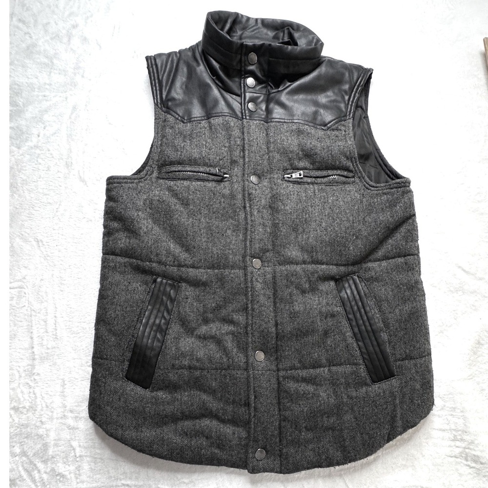 American Stitch Mens Large Puffer Vest Black Tweed Faux Leather Moto Streetwear